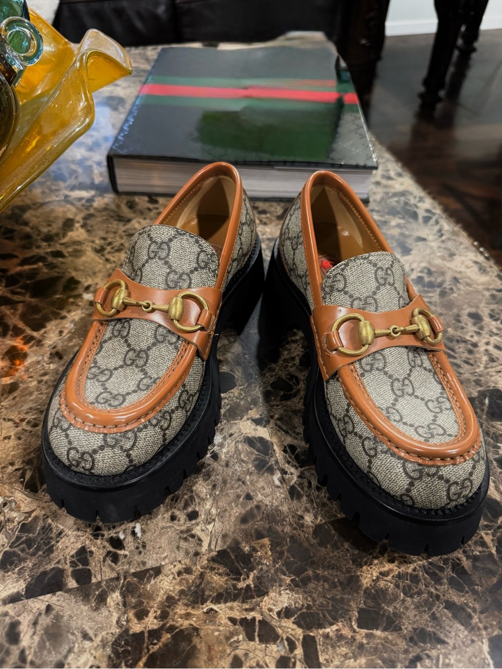Gucci Women’s Brown Monogram Leather-Trim Bee Loafers